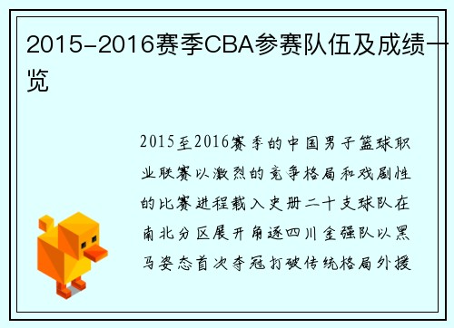 2015-2016赛季CBA参赛队伍及成绩一览