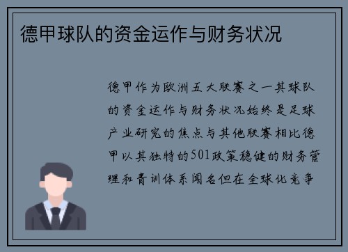 德甲球队的资金运作与财务状况
