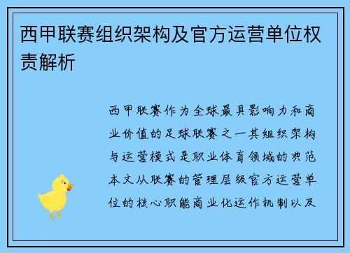 西甲联赛组织架构及官方运营单位权责解析